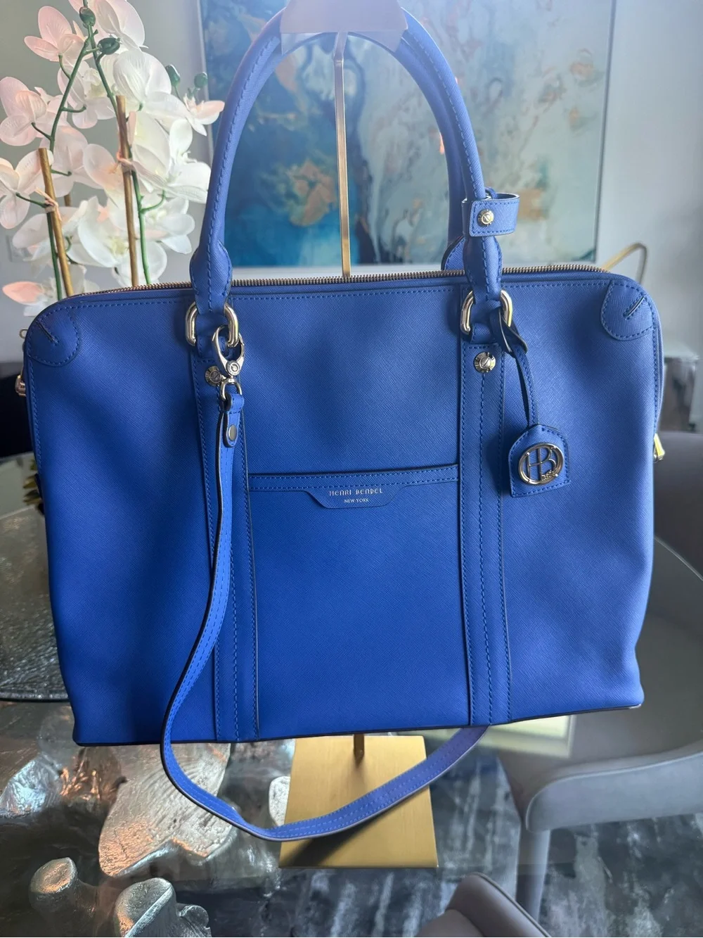henri bendel cobalt blue leather tote satchel